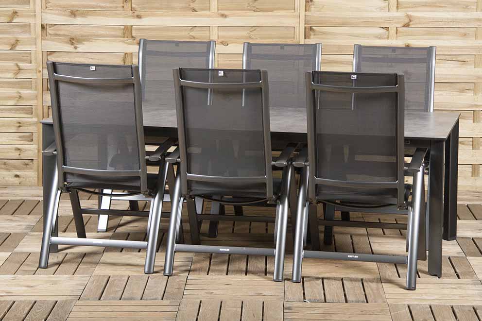 6 Kettler Legato verstelbare stoelen 1 HPL Edge tafel 220×95 cm